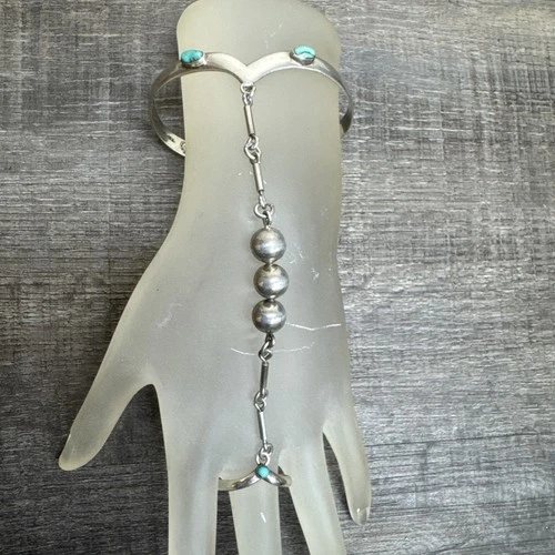 Vtg Sterling Silver Turquoise Native Navajo Beads Slave Chain Ring Bracelet 925