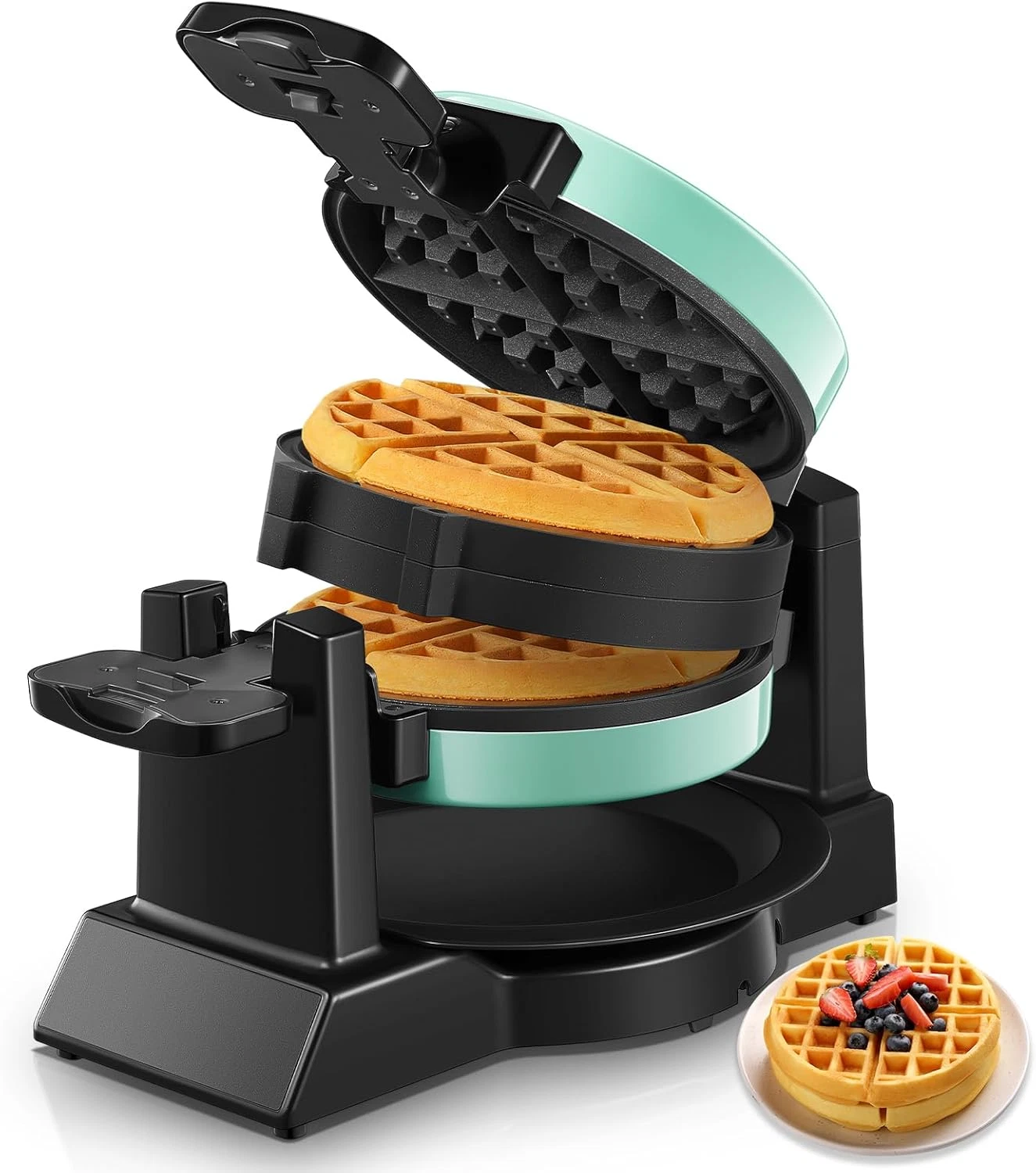 Double Belgian Waffle Maker 1400W Flip Iron Nonstick 8 Slice Mint Blue