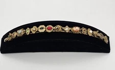 Vtg Goldette Victorian Revival Multi Link Bracelet Cameo Faux Pearls Rhinestones