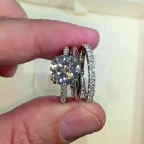 14K White Gold 3.35Ct Round Lab-Created Diamond Engagement Wedding Ring Set Band - Image 4 of 4