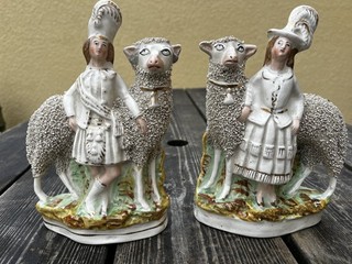 SUPERB PAIR: MID 19thC STAFFORDSHIRE V. LARGE SHEEP WITH SCOTTISH FIGURES c1870s