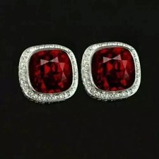 3CT Cushion Cut Lab Created Red Ruby Men's Fancy Cufflinks 14K White Gold Finish