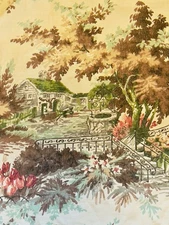1 of 2 VTG SCENIC GARDEN BARKCLOTH FABRIC PANEL FLORAL TREES LANDSCAPE 41x78