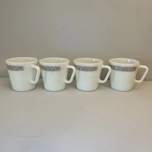 Pyrex WOODLAND BROWN 1410 White Glass Coffee Tea Mugs 10 oz Vintage Set Of 4