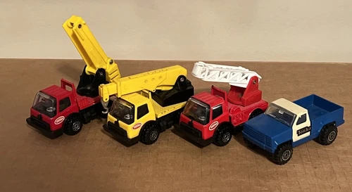 Lot of 4 3.5 Inch Vintage Tonka Vehicles - Truck, Crane, Utility, Fire