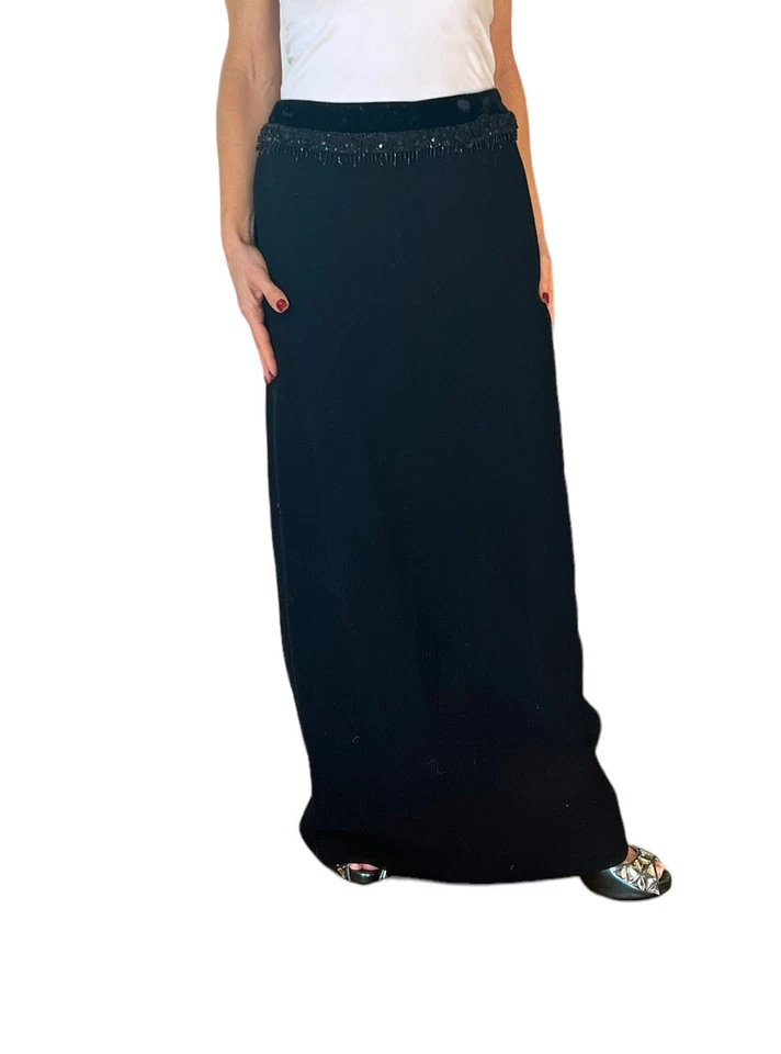 MUJER OSCAR DE LA RENTA FALDA LARGA CON CUENTAS LANA FORMAL NEGRA TALLA 8 Foto 3 de 4