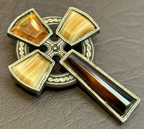 Miracle Celtic Style Cross Pin Brooch Pendant Colorful Banded Agate Gemstone