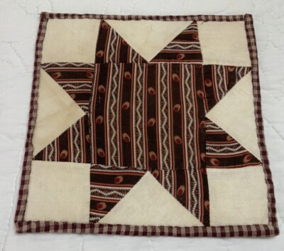 Antique Vintage Patchwork Quilt Table Topper, Star, Early Calicos, Brown