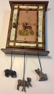 Vintage Hunting Deer Bear Cabinet Rustic Key Box Holder Clock