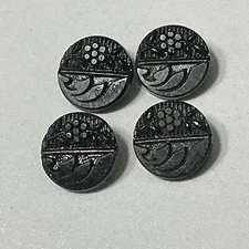 (4) Antique Black Glass Buttons Round Tunnel Shank 1/2” Flower & Leaves B81