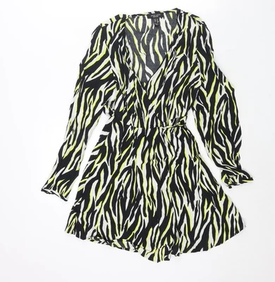 New Look Womens Black Animal Print Viscose Wrap Dress Size 8 V-Neck Tie - Tiger - Image 1 of 4