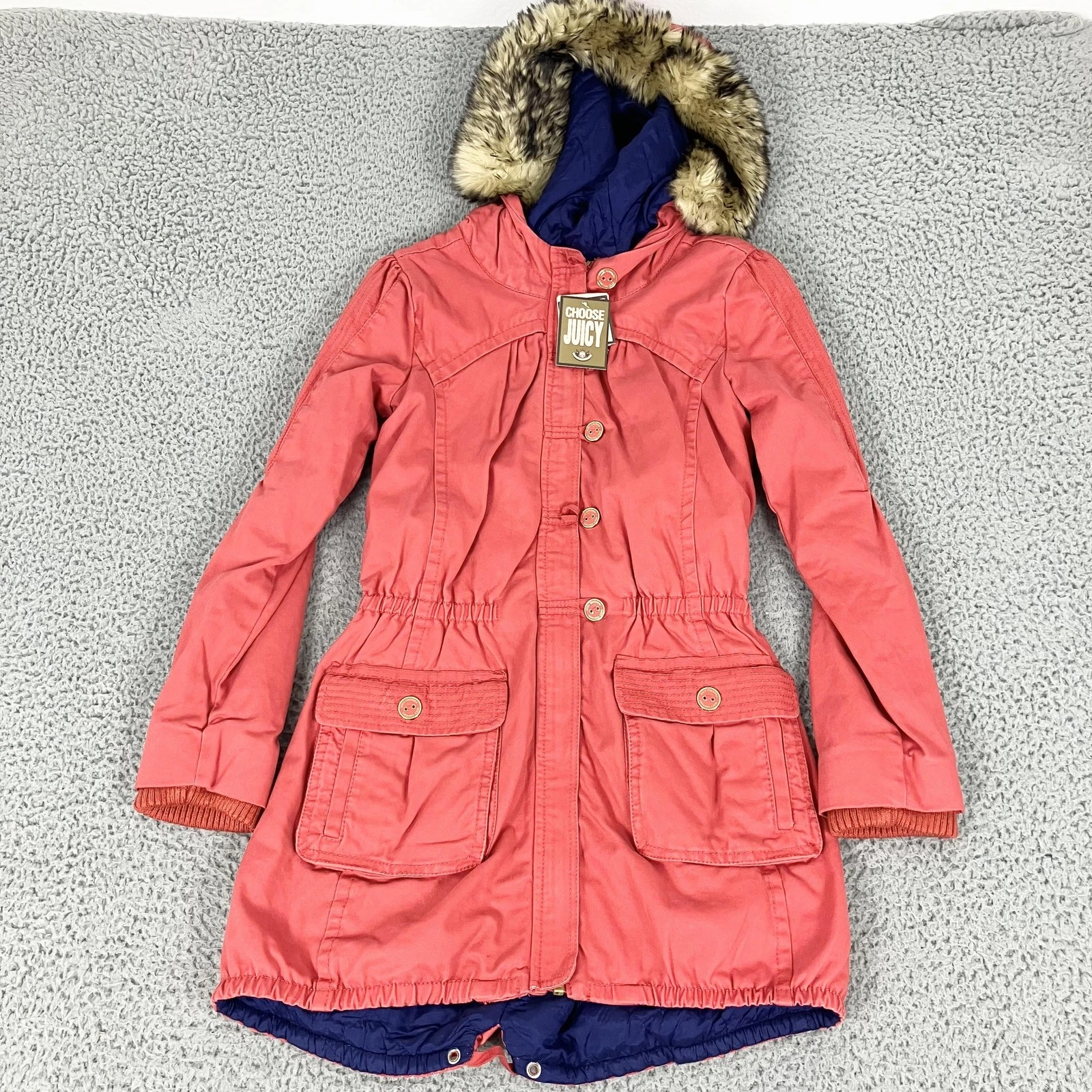 Juicy Couture Coat Womens 14 Small Pink Faux Fur Hooded Long Parka Winter Y2K