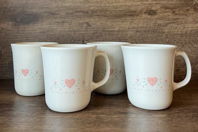 VTG Corning Corelle FOREVER YOURS Coffee Mugs Tea Cups 10 OZ Hearts Cottagecore