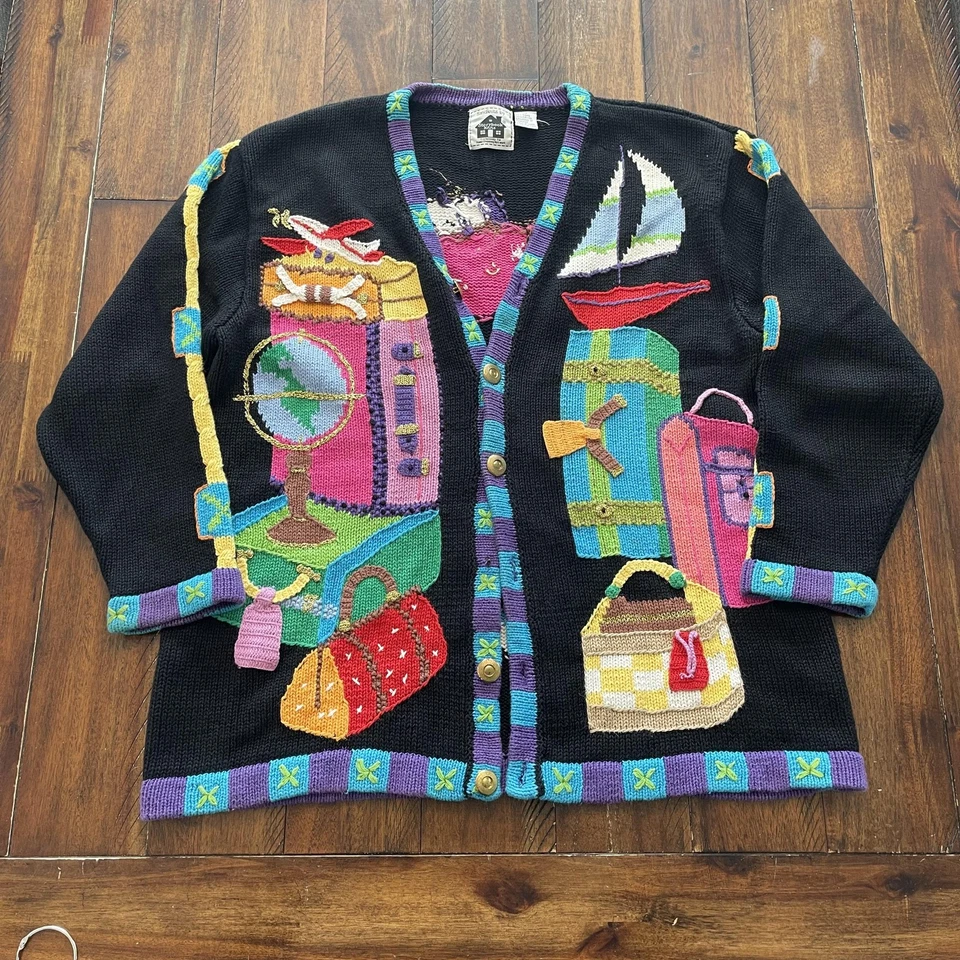 Suéter de punto Storybook para mujer 1X cárdigan negro bordado de viaje tejido Ramie Foto 3 de 4