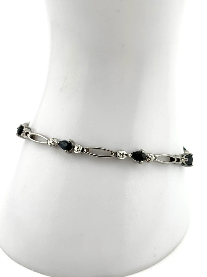 Pulsera Tenis Plata de Ley 925 Zafiro Azul Pera y Piedras Redondas 7.5" China Foto 3 de 4