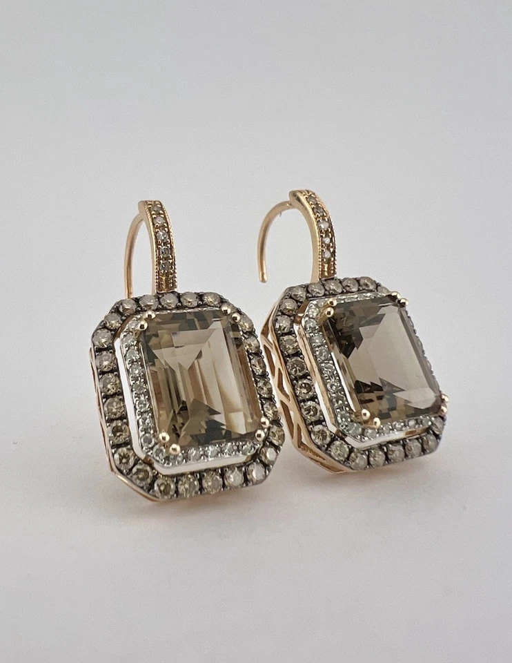 Pendientes con halo de diamantes champán y cuarzo ahumado de oro rosa de 14k de diseñador Foto 2 de 4