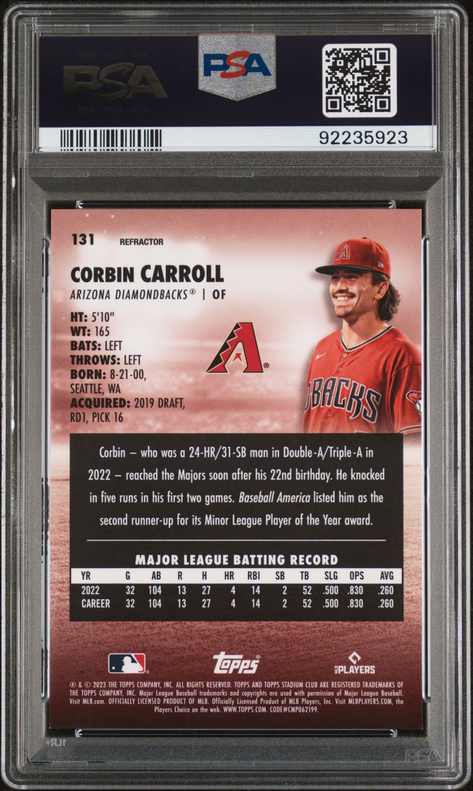REFRACTOR SP 2023 Topps Stadium Club #131 Corbin Carroll RC Chrome PSA 9 MINT view 3