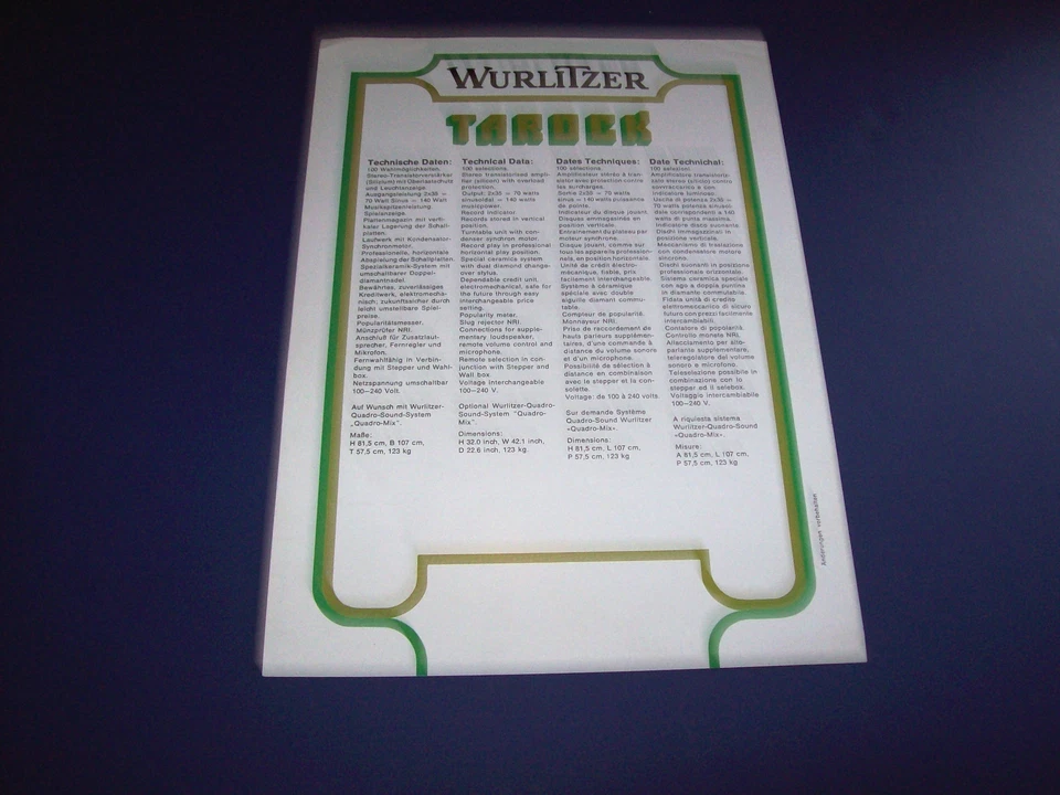 TAROCK By WURLITZER 1975 ORIGINAL JUKEBOX PHONOGRAPH SALES FLYER BROCHURE  - Image 2 of 2