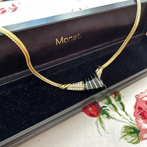 Vintage Monet Necklace Elegant Gold Black Enamel Rhinestone Box Great Gift 15.5 - Picture 4 of 13