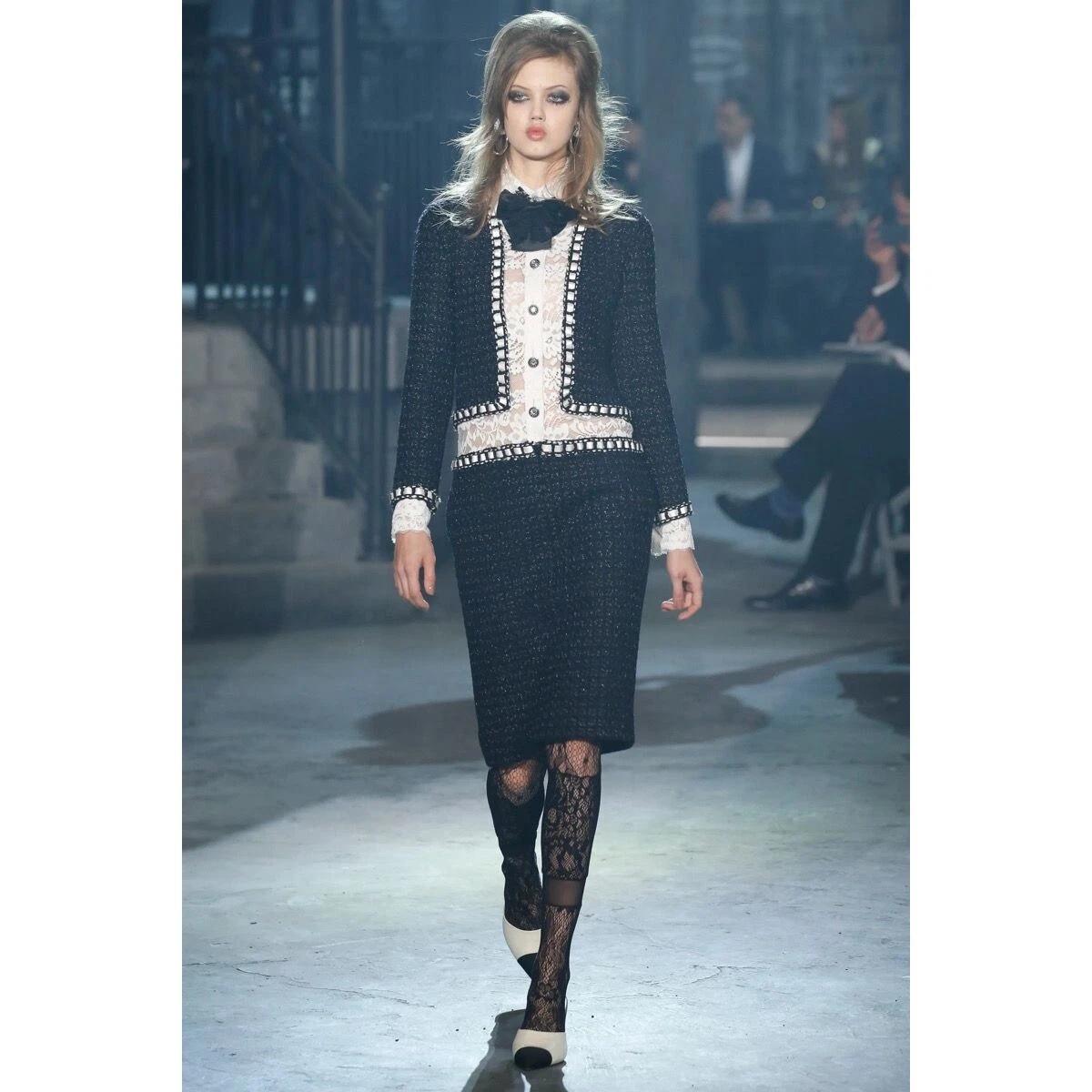 RARO abito da cocktail Chanel Rome Little nero bianco lana pizzo da giorno taglia 36