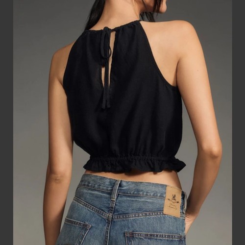 PILCRO Cropped Linen Halter Top Black Size XL NWT - Picture 2 of 6