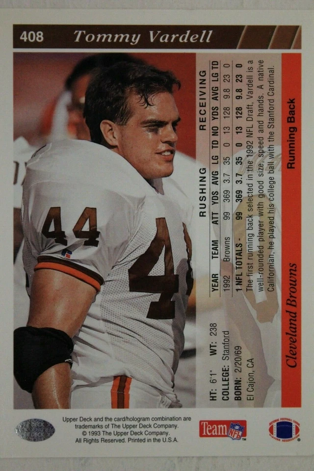 Tommy Vardell Cleveland Browns Autographed 1991 Upper Deck Football Card #408 - Image 2 of 2