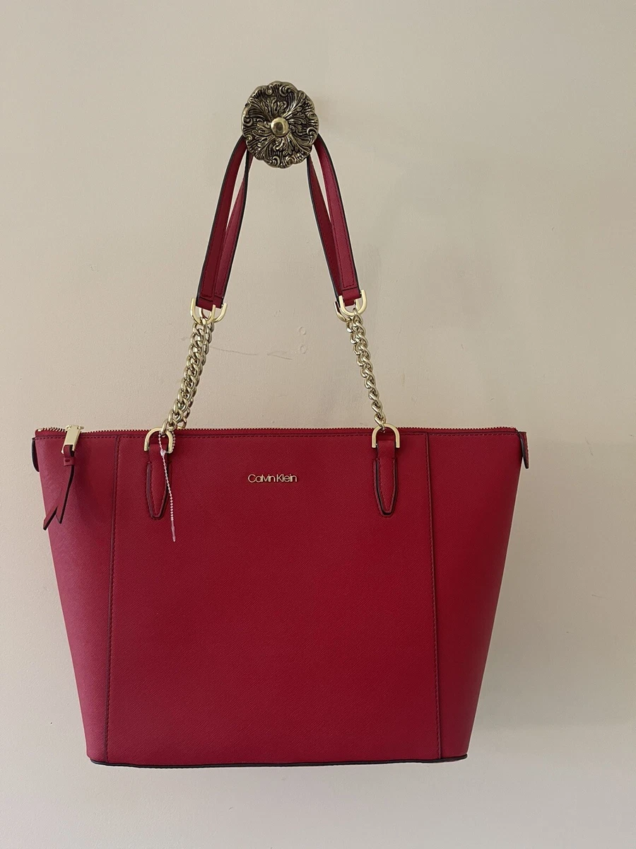 Calvin Klein Hayden Saffiano Leather Large Tote Red Gold Chain Handles