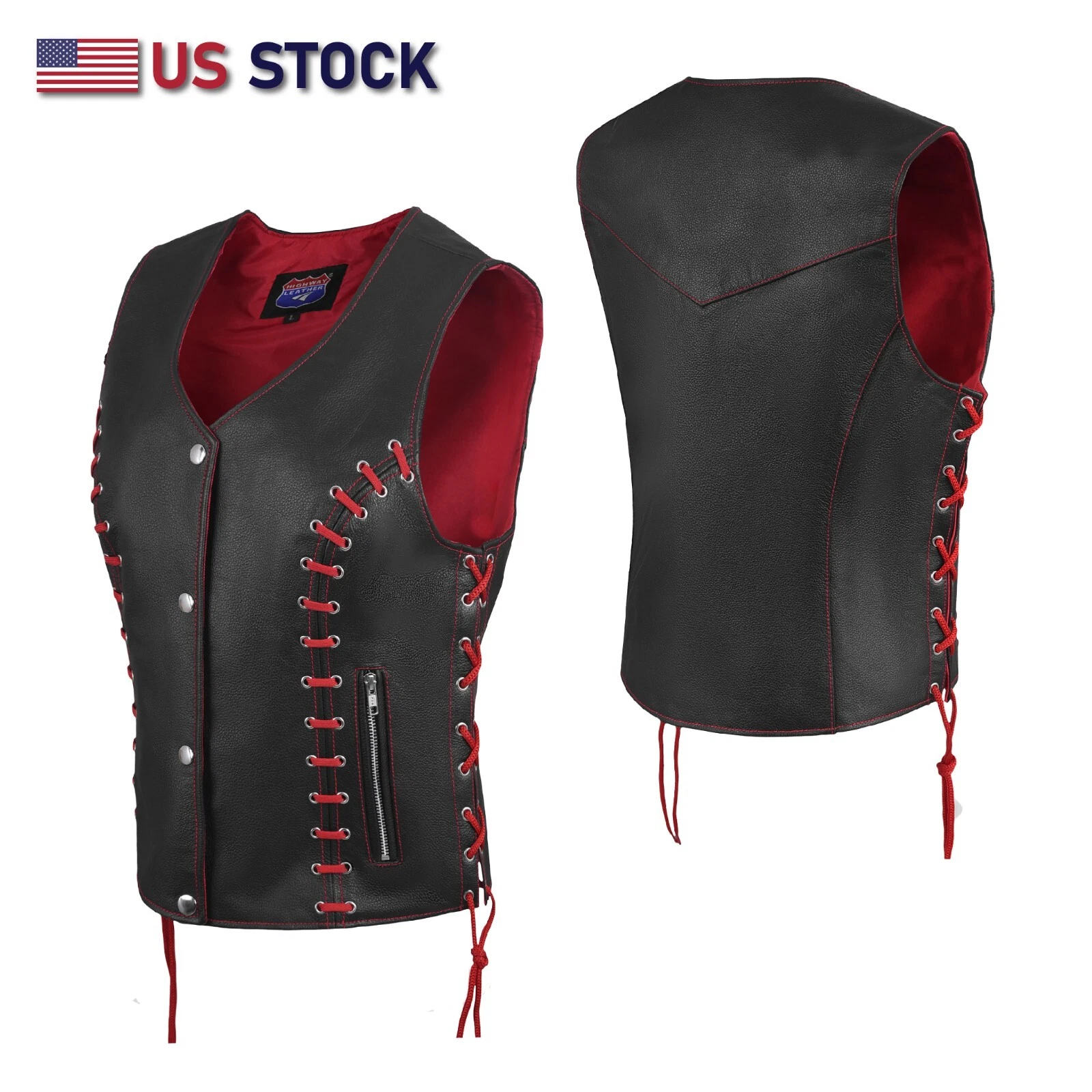HL14859REDEYELET Women's Red/Black Buffalo Leather Vest with Eyelet