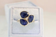 Sapphire Three Petal Ring with Diamond 925 Sterling Silver 14K Gold Plated Ring