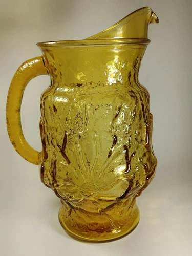 VINTAGE PITCHER ANCHOR HOCKING DRINKWARE DAISY RAIN FLOWER FLORAL AMBER GLASS