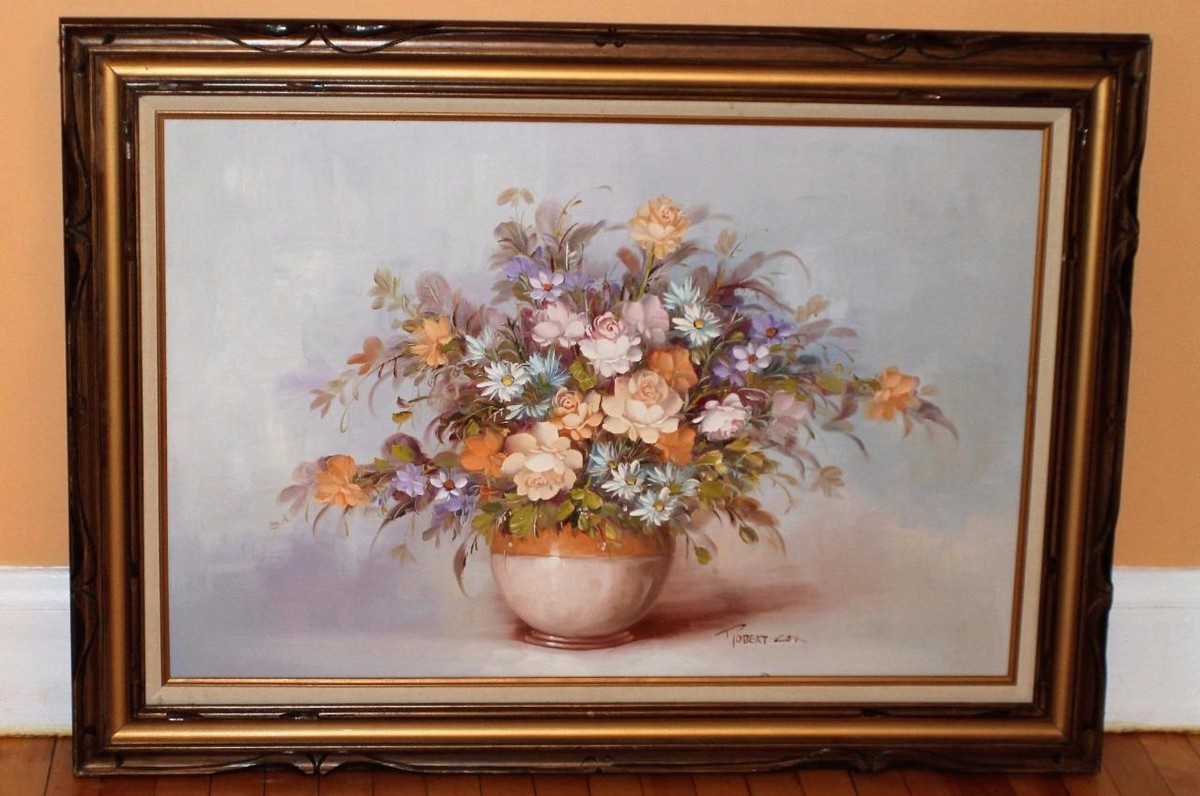 Large Robert Cox signed oil painting on canvas Flowers in Vase 43