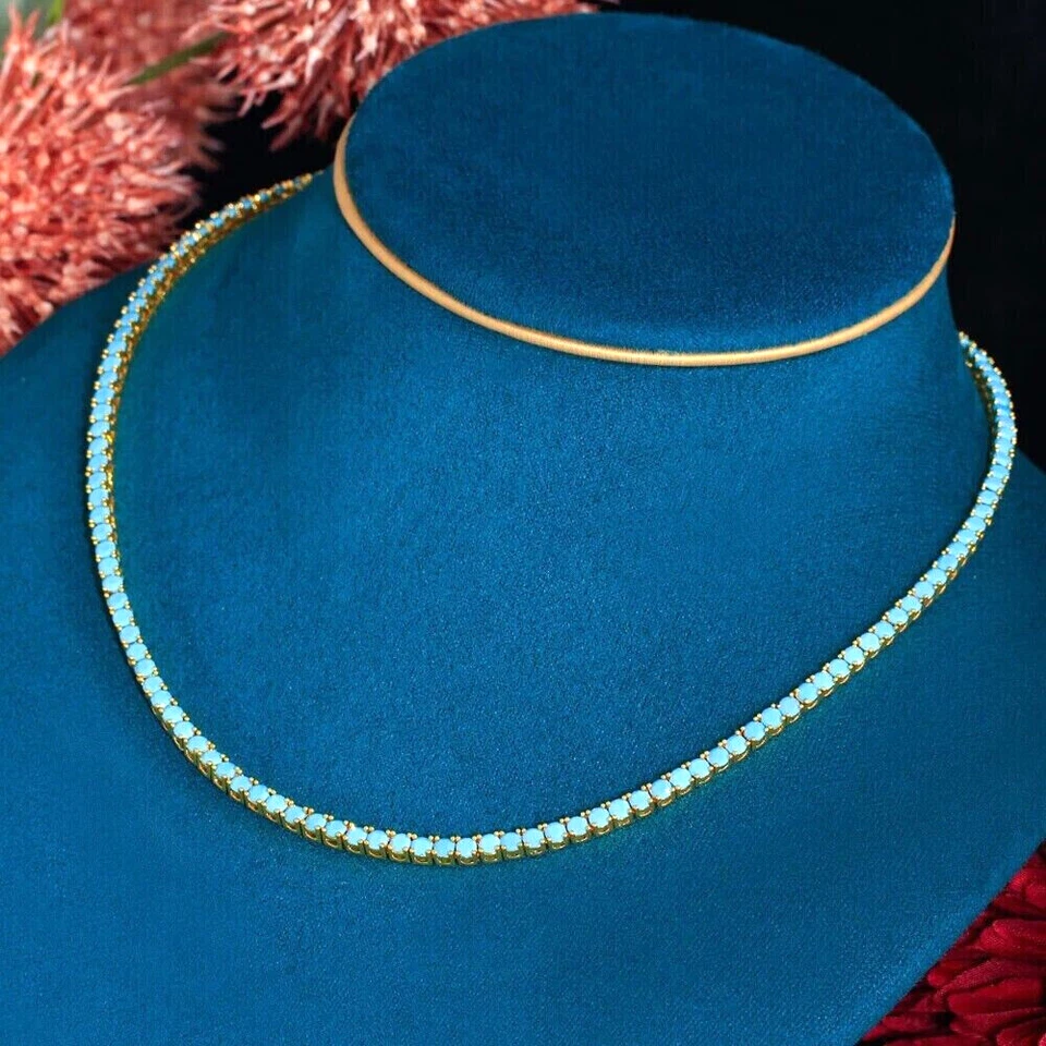 3mm Lab-Created Turquoise Womens Classic Tennis Necklace in 14K Yellow Gold Over