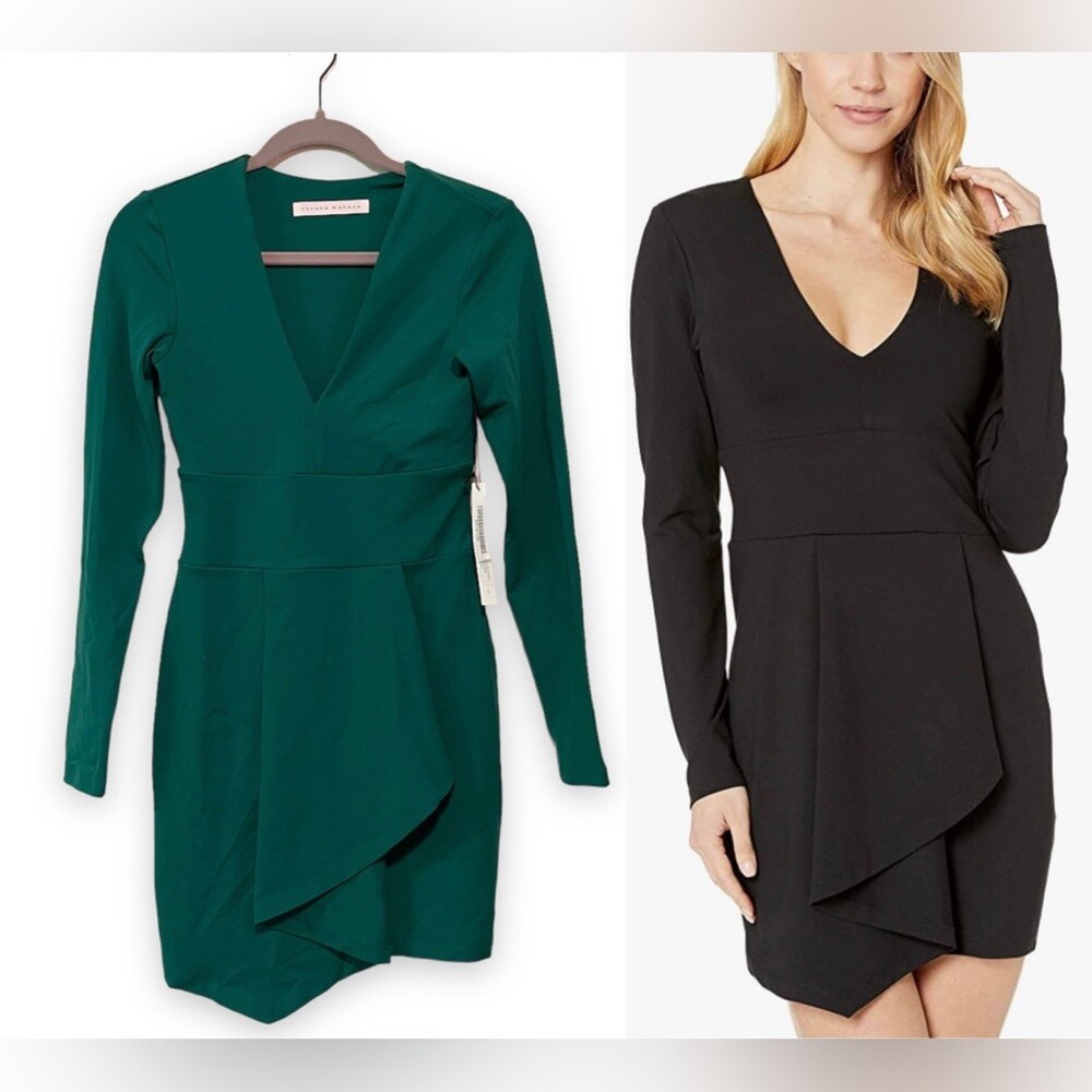 susana monaco green dress NEW Cascade Faux Wrap Deep V Small 184