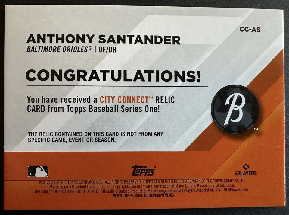 2024 Topps #CC-AS Anthony Santander GAME USED JERSEY CITY CONNECT /50 - Image 2 of 2