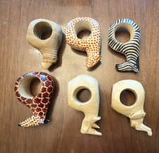 Hand-Painted Wooden Safari Animal Napkin Rings Set of 6 Giraffe Rhino Zebra
