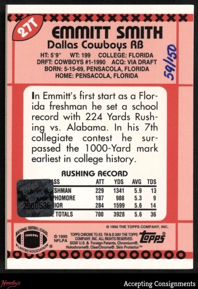 2001 Topps Chrome Rookie Reprint Emmitt Smith JERSEY 59/150 COWBOYS - Image 2 of 2