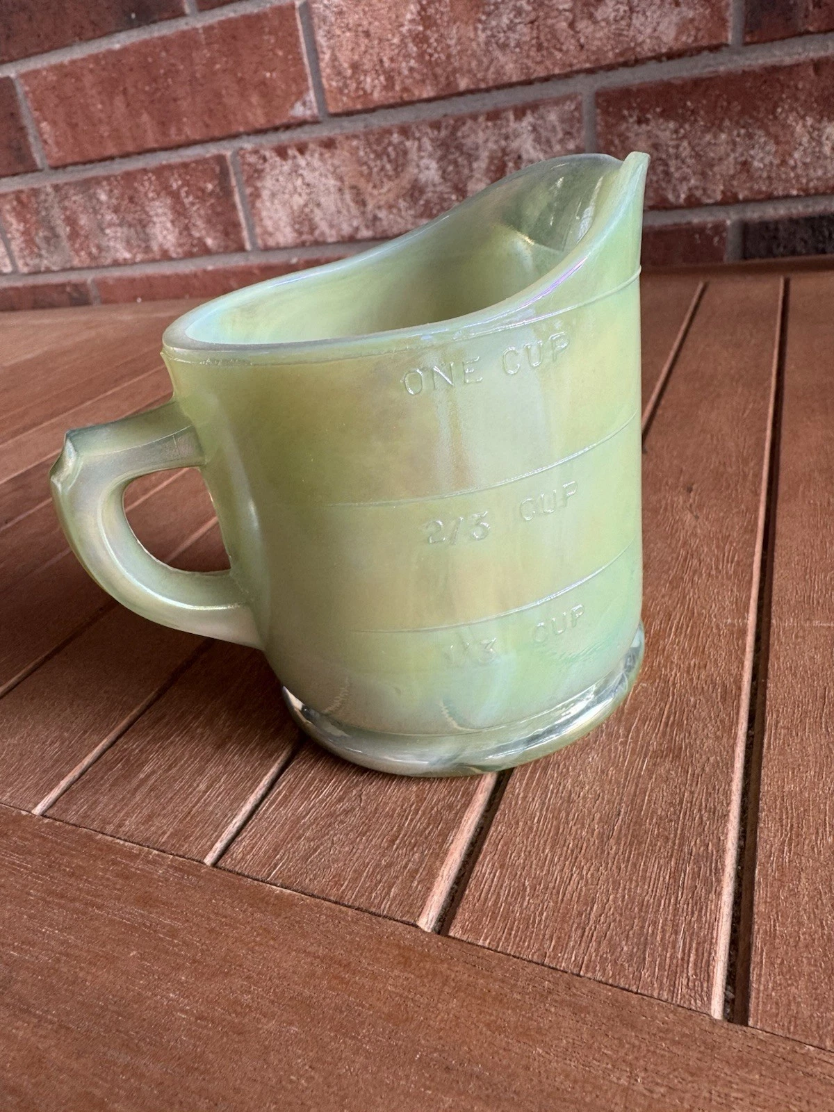 Jade Swirl Carnival ￼glass Measuring Cup Westmoreland Mold Vintage