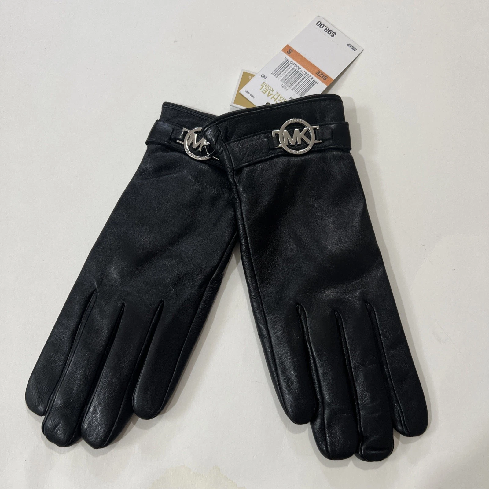 Michael Kors Leather Gloves Women’s S Black Silver Logo Touchscreen