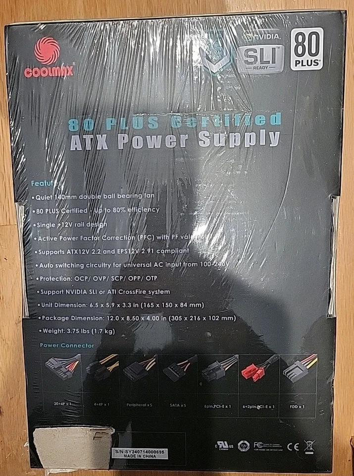 COOLMAX ZX-600 600W ATX Power Supply 80 Plus Efficiency SLI Ready New Sealed - Image 2 of 4