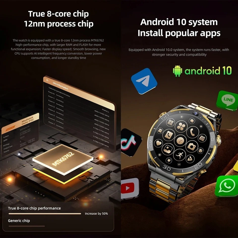 T7 4G LTE Smartwatch Android 10 6GB+128GB Dualkamera 800mAh Herzfrequenzmonitor - Bild 3 von 4