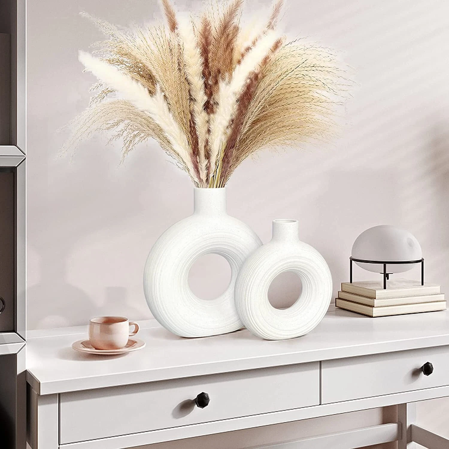 White Ceramic Vase - Set of 2 for Home Decor Round Matte Pampas Vases