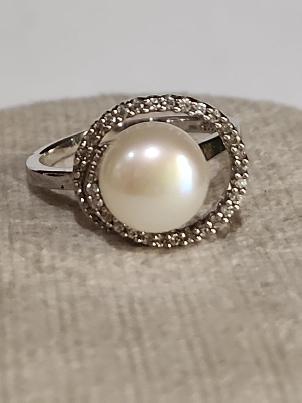 925 Sterling Silver  Pearl & Round-Cut C Z Swirl Ring Size 6.5
