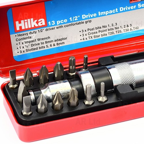Hilka Impact Screwdriver 13 Bits Pozi TORX Phillips 1/2" Dr Impact Screw Driver - Picture 3 of 6