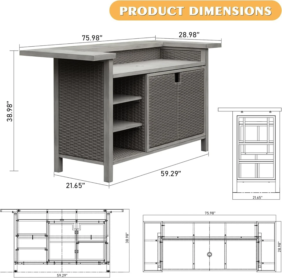 Unidad de bar para el hogar, mesa de bar exterior de mimbre con marco de aluminio, mesa de parrilla para patio Foto 4 de 4