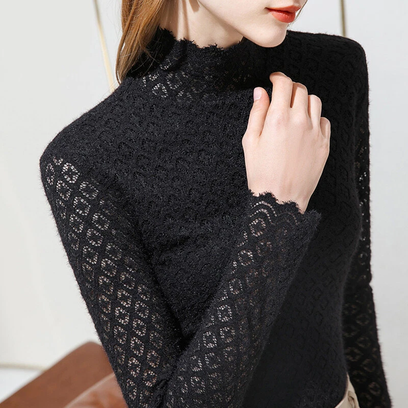 Donna Orlo a Caduta Pizzo Camicia Rete Cavo Puro Maglia collo Alto Slim Rétro - Immagine 3 di 4