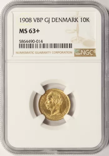 1908 VBP Denmark Gold 10 Kroner NGC MS63+