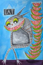 Cat Painting Original Collectible Tabby Ants Watermelon Folk Art Samantha McLean