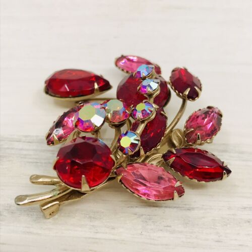 2 - VINTAGE RED PINK AB RHINESTONE NAVETTE BEAD STATEMENT PIN BROOCHES Unmarked - Picture 6 of 21