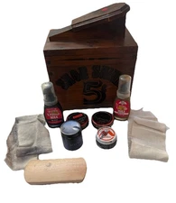 VINTAGE WOODEN SHOE SHINE BOX VALET WITH ACCESSORIES RETRO GRAPHICS 5 CENTS