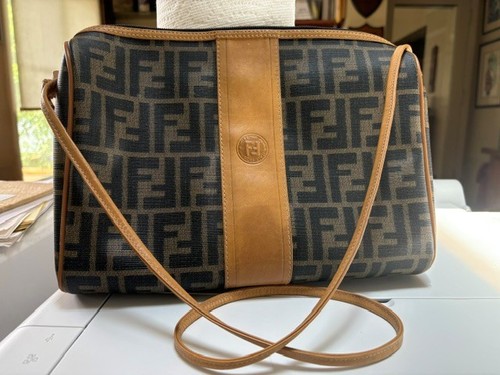 Vintage Fendi Zucca Canvas Shoulder Bag Brown FF Monogram Leather Trim Italy